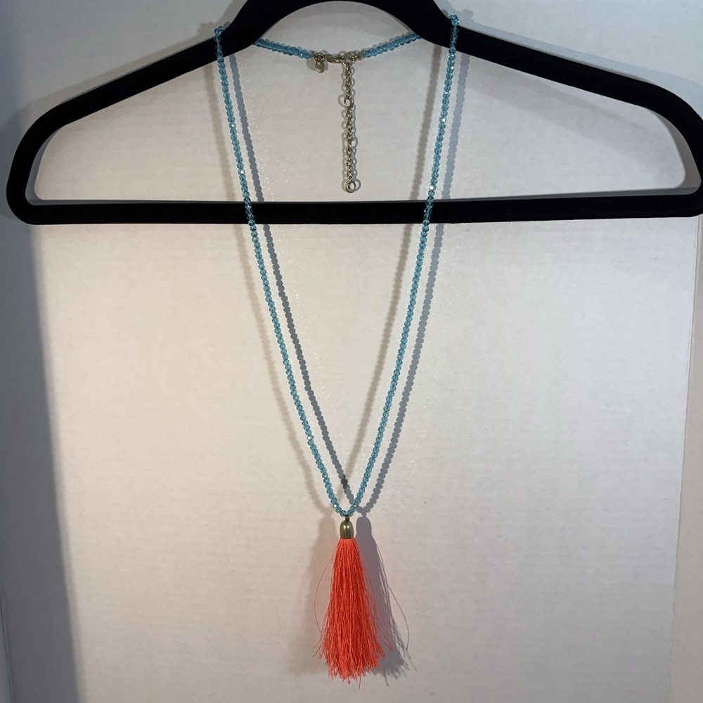 J CREW 14'' Long Aqua Blue Crystal Beads w/ Coral String Tassel Necklace EUC